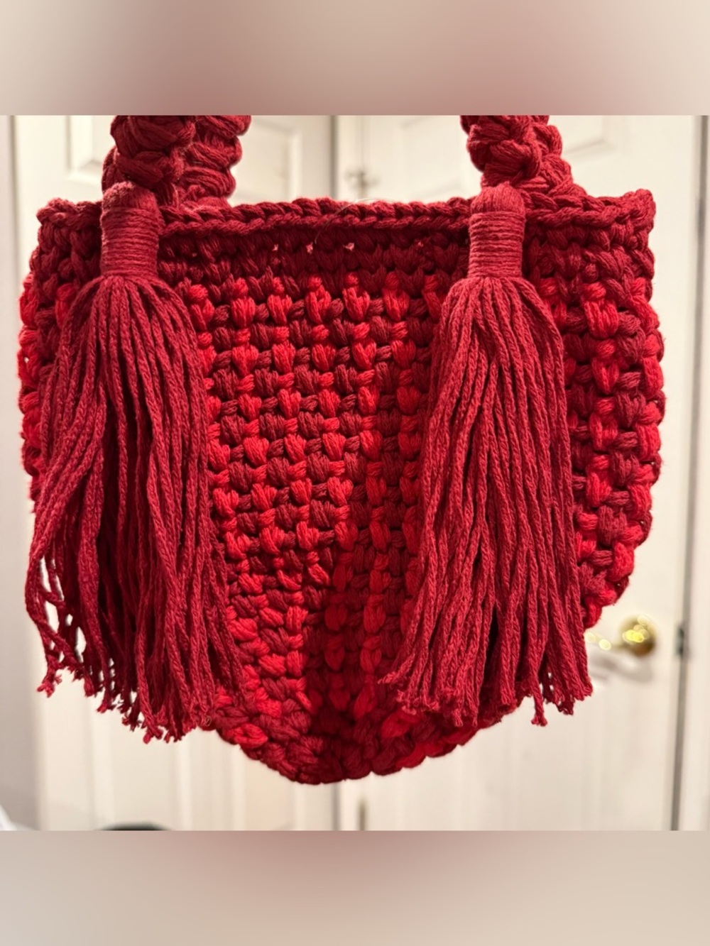 NWT BINGE Red Crochet Mini Bag With Tassels Boho Handmade Chic - Picture 3 of 15